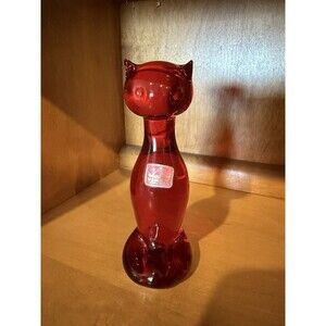 Vintage Viking Glass Ruby Red Cat Figurine MCM Blenko Style Art Glass 6” w Label
